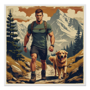 Poster Illustration d'aventure de randonneur et de chien