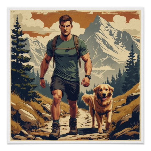 Poster Illustration d'aventure de randonneur et de chien  (Devant)