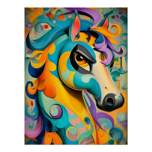 Poster Illustration de chevaux abstraits en couleurs vive (Devant)