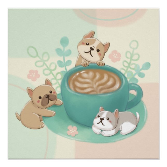 Poster Illustration de chiens et de cafés mignons (Devant)
