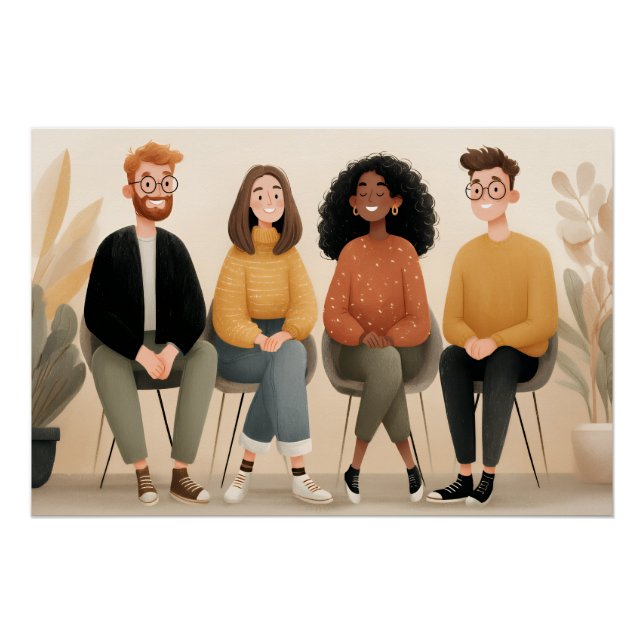 Poster Illustration de divers amis assis ensemble dans un (Devant)