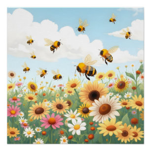 Poster Illustration de fleurs et d'abeilles mignonnes