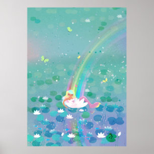 Poster Illustration de la sirène posée dans un nénuphar p