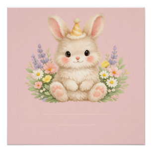 Poster Illustration de lapin aux fleurs sauvages pastel