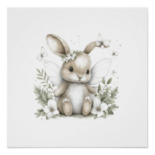 Poster Illustration de lapin fée à l'aquarelle douce