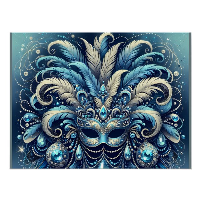 Poster Illustration de masque de bal masqué à plume bleue (Devant)