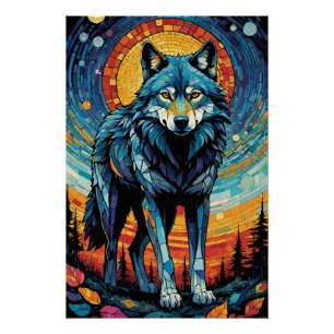 Poster Illustration de mosaïque colorée du loup majestueu