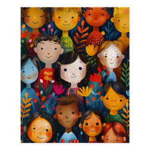 Poster Illustration de motif floral avec des enfants heur