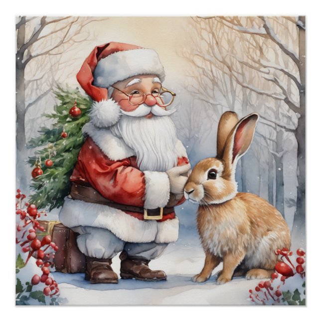 Poster Illustration de Noël Père Noël et Bunny Nature (Devant)