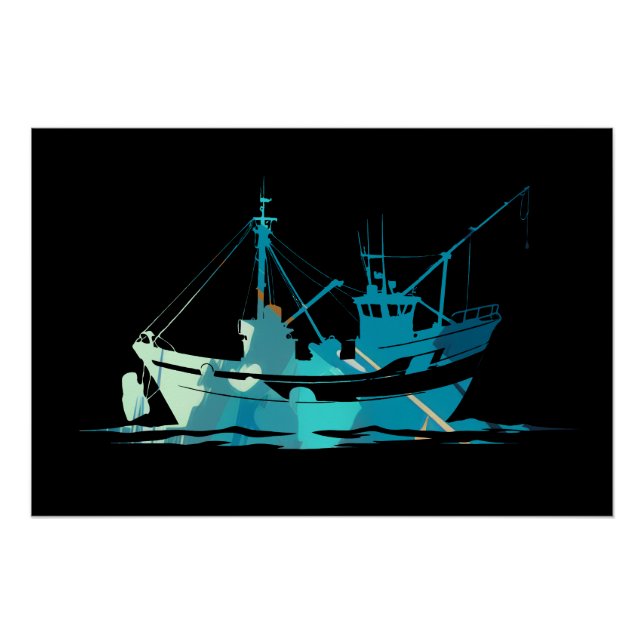 Poster Illustration de pêche en bateau Style Silhouette (Devant)