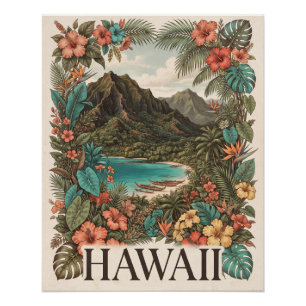Poster Illustration de voyage vintage d'Hawaï avec des fl