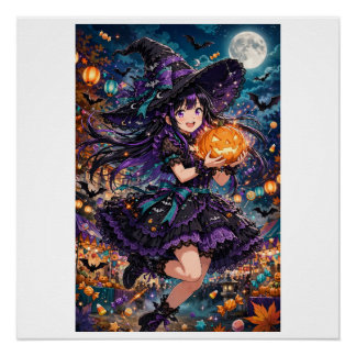 Poster Illustration d'Halloween de fille sorcière anime