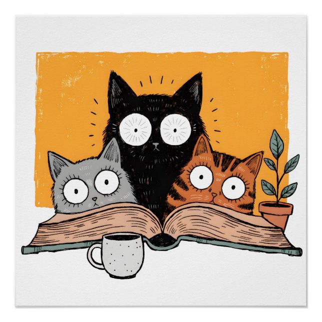 Poster Illustration drôle de chats en lecture (Devant)