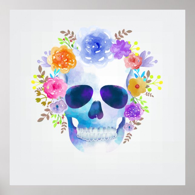 Poster Illustration du crâne floral d'aquarelle (Devant)