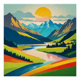 Poster Illustration du paysage de la montagne Retro