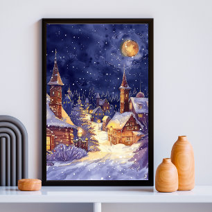 Poster Illustration du village de Noël dans la nuit de ne