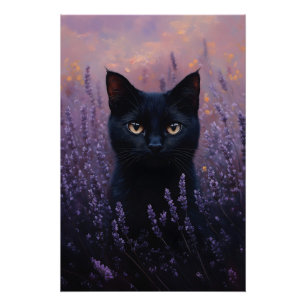 Poster Illustration d'un chat noir dans un champ de lavan