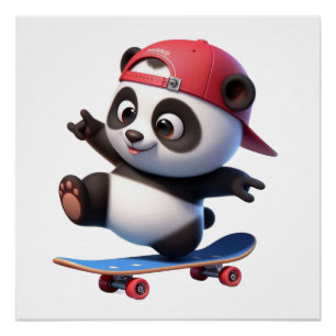 Poster Illustration d'un panda faisant du skateboard mign