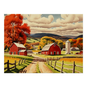 Poster Illustration d'une ferme d'automne