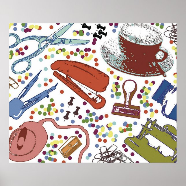 Poster Illustration Fournitures de bureau vintage (Devant)