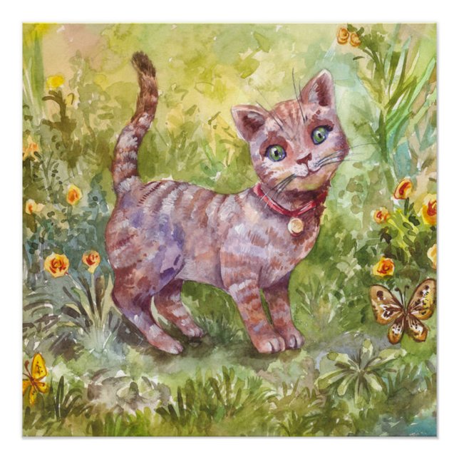 Poster Illustration Mignon Chat Jardin Papillon Fleurs (Devant)