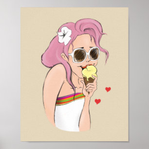 Poster Illustration Mode été fille glace crème