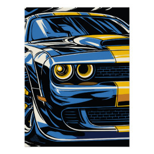Poster Illustration Pop Art d'une Muscle Car Bleue Rétro 