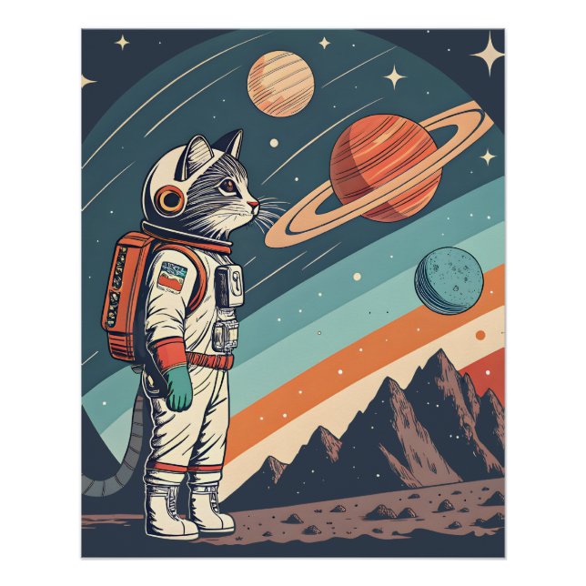 Poster Illustration Rétro de Chat Astronaute dans l'Espac (Devant)