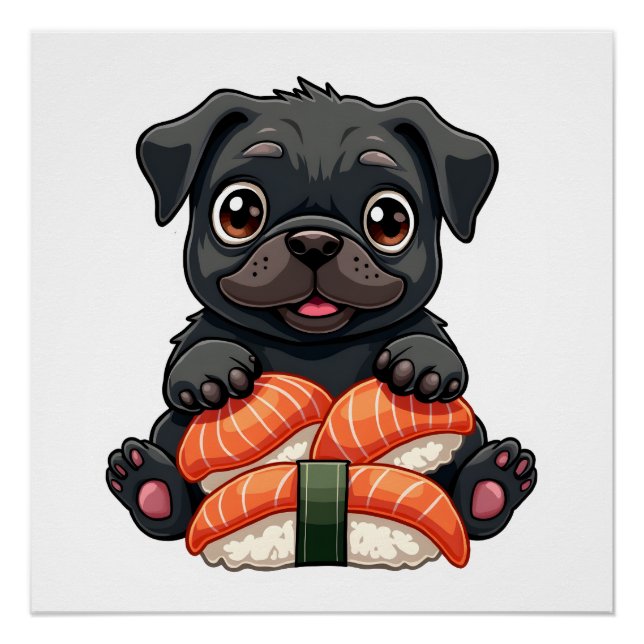 Poster Illustration vectorielle de sushi de pug noir mign (Devant)