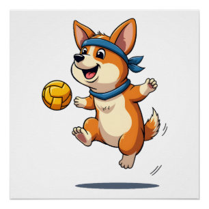 Poster Illustration Vintage de Corgi jouant au Volleyball