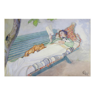 Poster Illustration vintage de femme lisant dans un jardi