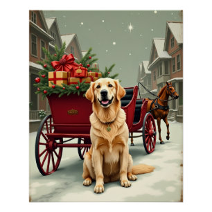 Poster Illustration vintage de Golden Retriever de Noël e
