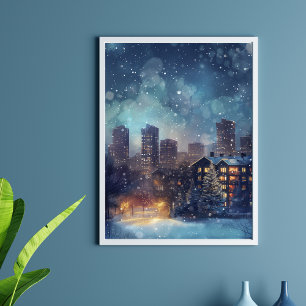 Poster Illustrative New York ville dans la nuit de neige