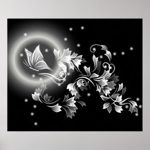 Poster Imaginaire à papillon floral noir et blanc