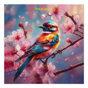 Poster Imaginaire Bleu mignon Oiseau Sakura