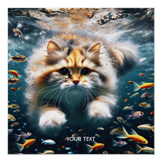 Poster Imaginaire Cute Chat nager sous l'eau (Devant)