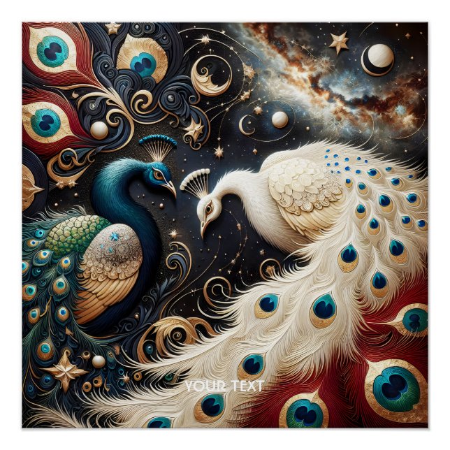 Poster Imaginaire Cute Peacocks Crescent Plumes (Devant)