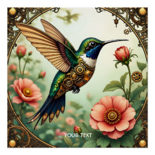 Poster Imaginaire Cute Steampunk Fleurs d'oiseaux