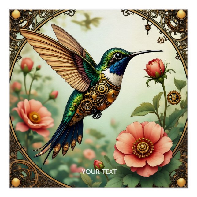Poster Imaginaire Cute Steampunk Fleurs d'oiseaux (Devant)