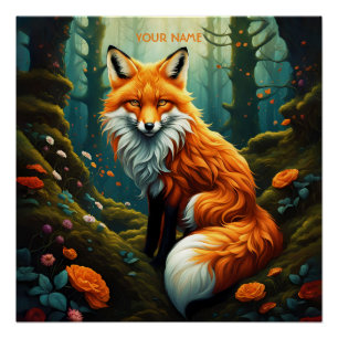 Poster Imaginaire Cute Vivid Majestic Fox Flowers