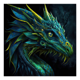 Poster Imaginaire dragon bleu vert avec yeux jaunes IA ar