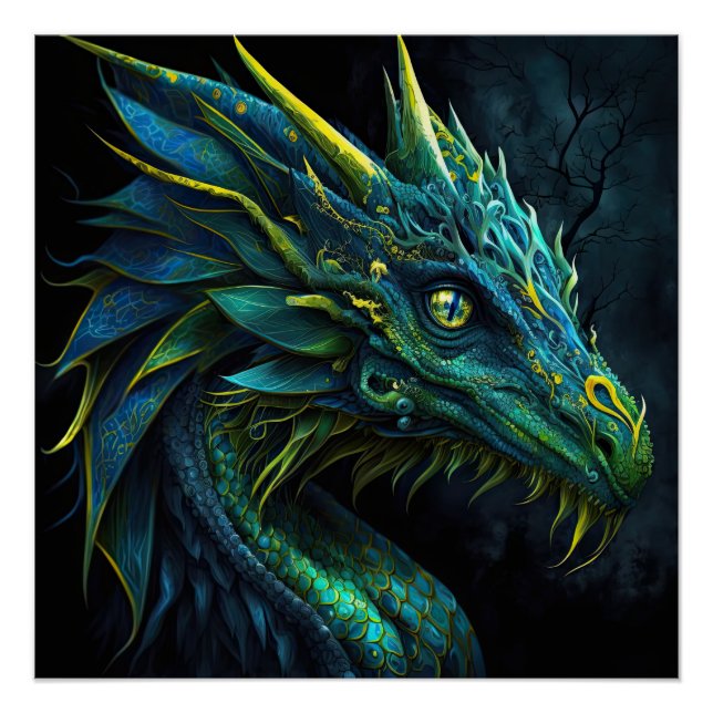 Poster Imaginaire dragon bleu vert avec yeux jaunes IA ar (Devant)