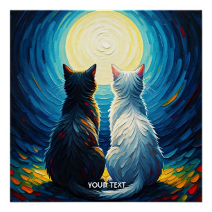 Poster Imaginaire lune mignonne deux chats
