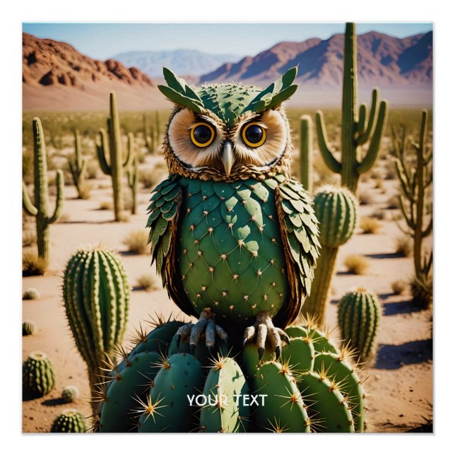 Poster Imaginaire mignon Cactus Owl Désert (Devant)