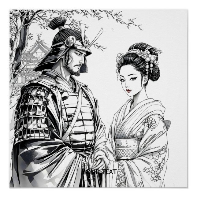 Poster Imaginaire mignon Samurai Geisha crayon (Devant)