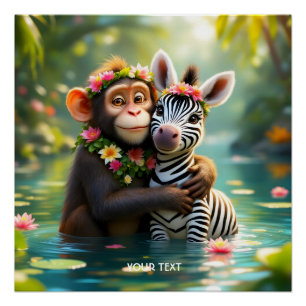 Poster Imaginaire mignon singe Zebra Hug
