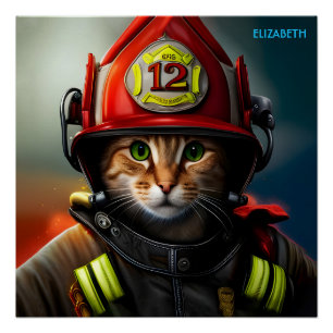 Poster Imaginaire Mignonne Chat Firefighter costume.