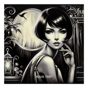 Poster Imaginaire mignonne fille aux cheveux noirs