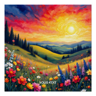 Poster Imaginaire Mignonne Hills Fleurs coucher de soleil