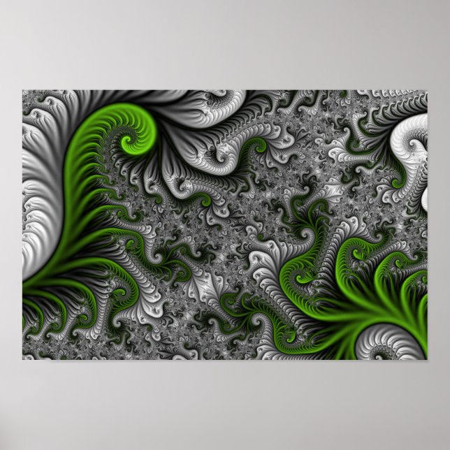 Poster Imaginaire Monde Vert Et Gris Art Fractal Abstrait (Devant)